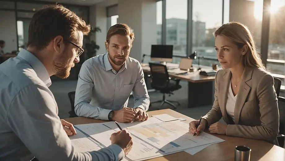A customer engages in a discussion with a professional from a VC firm on-site, reviewing project plans and investment opportunities in a modern office environment.