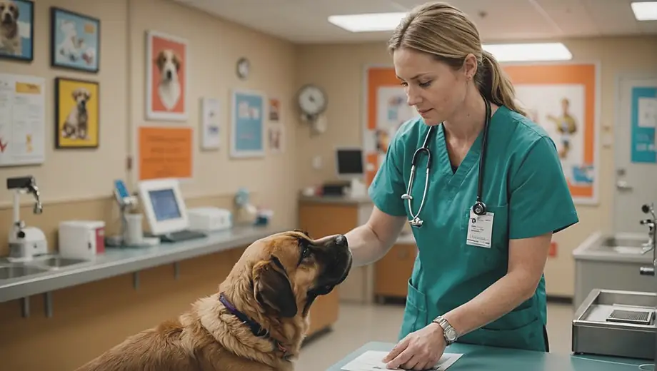 A customer consults with a professional veterinarian on site, discussing the health and care of a pet in a well-equipped clinic.