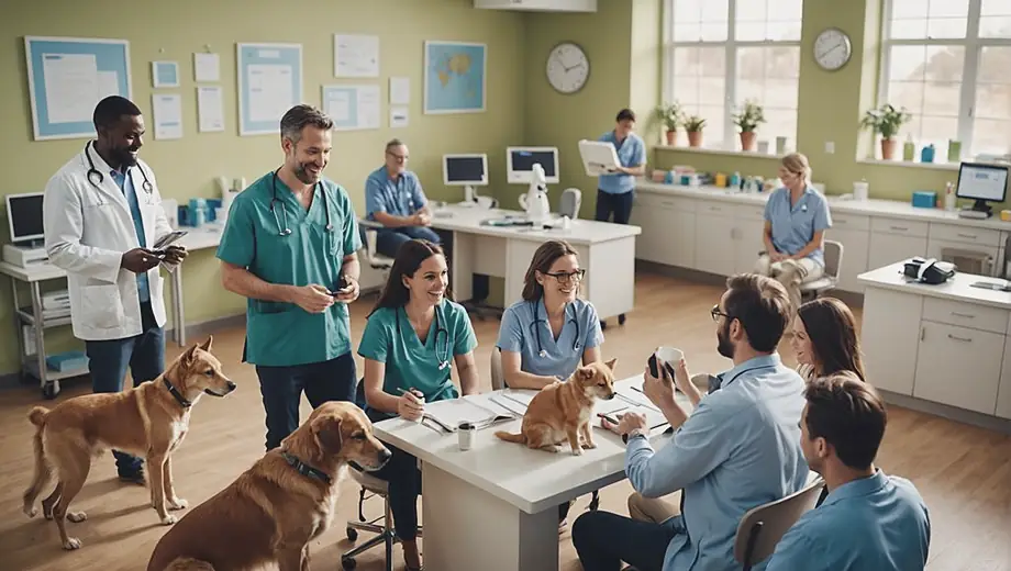 A diverse group of people, including a veterinarian and pet owners, interact in a veterinary clinic, discussing pet care while surrounded by medical equipment and cheerful animals.