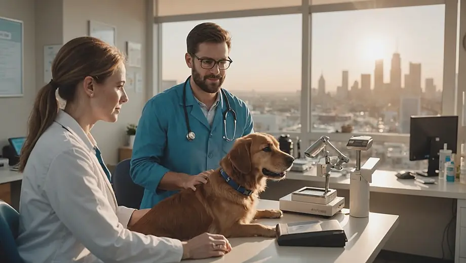 A customer discusses their pet's health with a professional at a vet office, surrounded by medical equipment and pet care supplies.