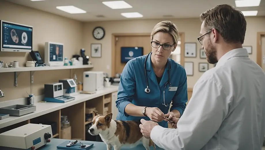 A customer consults with a professional on site, examining various veterinary equipment displayed in a well-organized veterinary clinic.