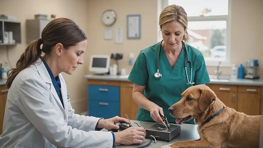 A veterinarian examines a dog using specialized vet equipment while an assistant prepares tools in a well-equipped clinic.