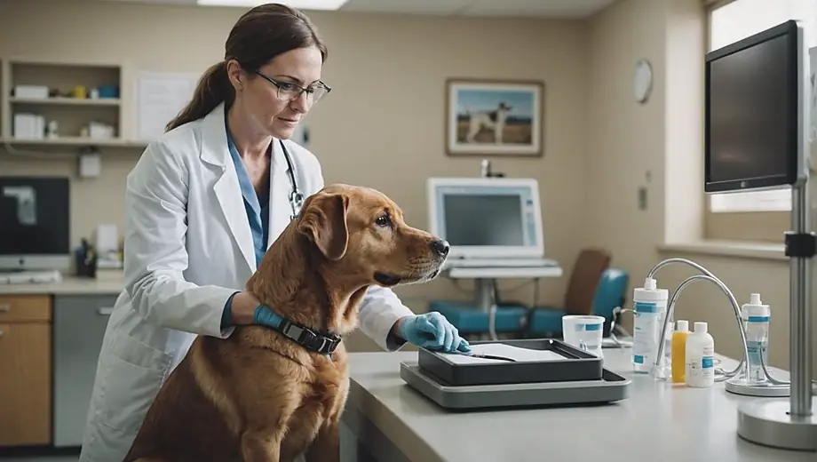 A veterinarian examines a dog using specialized animal medical equipment in a well-lit clinic.