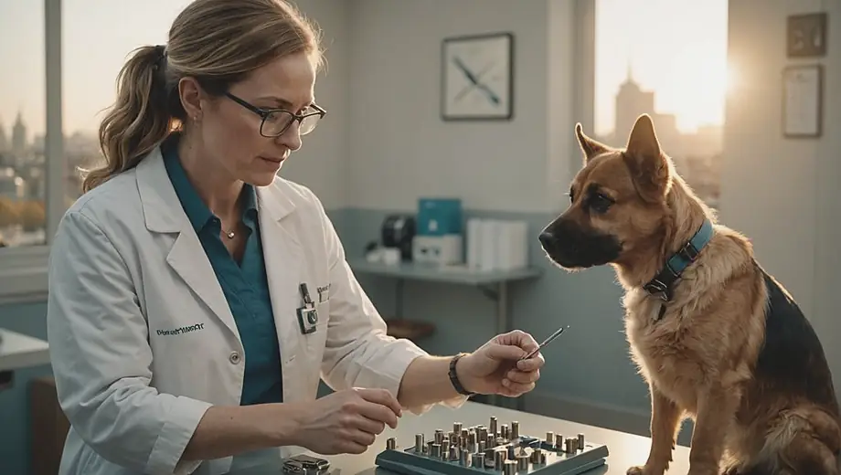 A veterinarian demonstrates the use of vet tools to a customer in a well-equipped clinic, showcasing proper techniques for animal care.