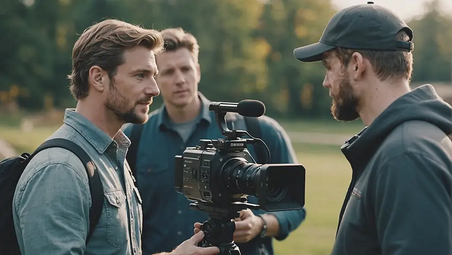 A customer discusses project details with a professional videographer on site, surrounded by filming equipment and scenic backdrops, showcasing the collaborative nature of videography.