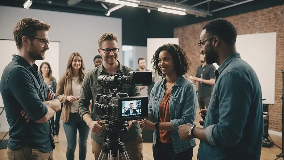 A diverse group of people collaborating on video production, discussing ideas around a camera setup in a bright studio environment.