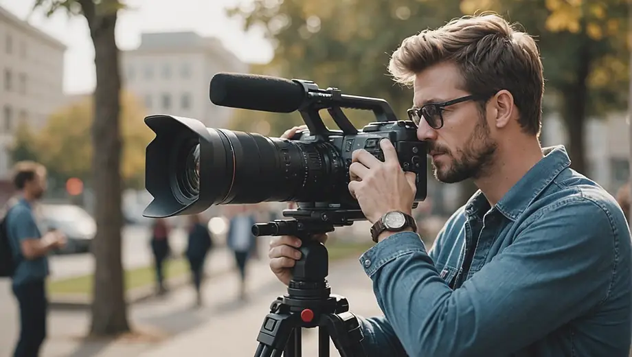 A videographer capturing footage on location, showcasing their videography service with a professional camera setup and thoughtful composition.
