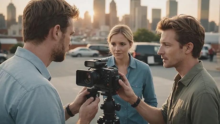 A customer discusses project details with a professional on site during a film production, surrounded by cameras and lighting equipment.