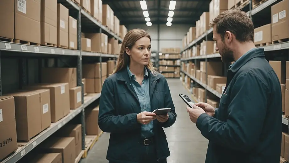 A customer and a professional discuss warehousing solutions on-site, surrounded by shelves filled with inventory and equipment.