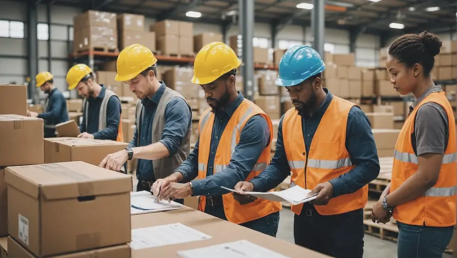 A diverse group of workers efficiently organizing and managing inventory in a busy warehouse, showcasing various warehouse services in action.