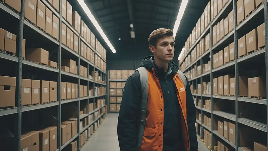 A person stands inside a modern storage facility, surrounded by neatly organized storage units, with bright lighting and a clean, spacious layout.