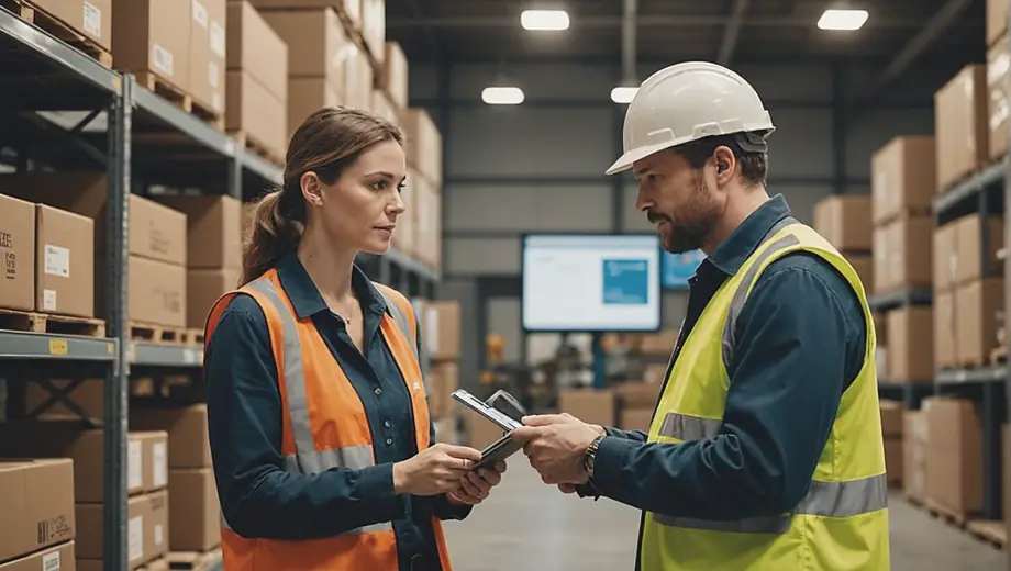 A customer and a professional discuss inventory management strategies on-site, reviewing stock levels and optimizing storage solutions in a well-organized warehouse.