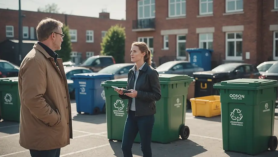 A customer discusses waste management solutions with a professional on-site, surrounded by recycling bins and waste containers, highlighting effective strategies for sustainable disposal.