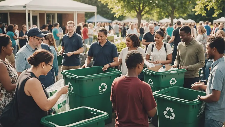A diverse group of people actively participating in a community event focused on waste disposal, sorting recyclable materials into designated bins while engaging in discussions about environmental sustainability.