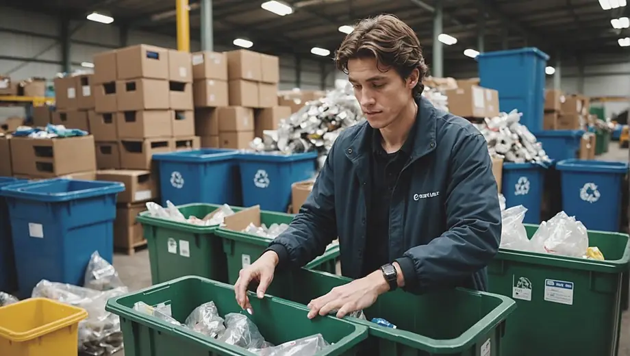 A person sorting recyclable materials at a recycling service facility, focused on their task amidst various bins and containers.