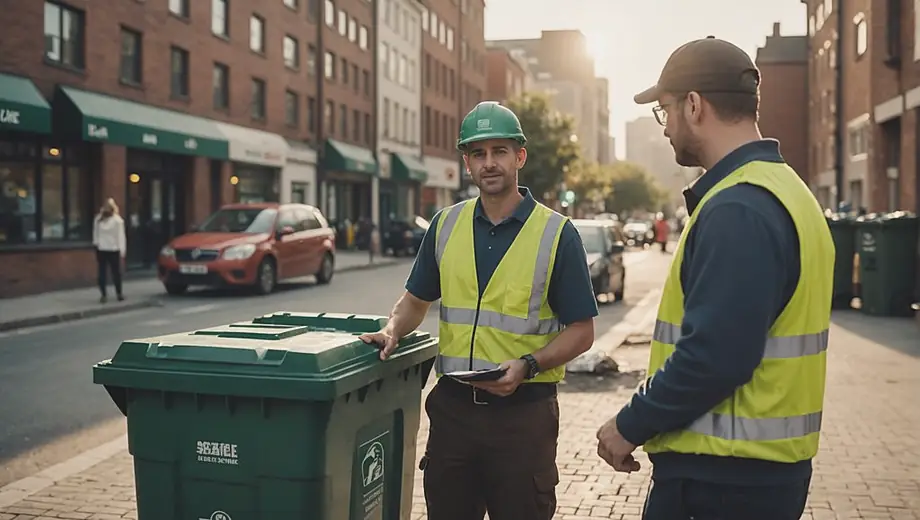 A customer discusses garbage collection services with a professional on site, surrounded by waste bins and collection equipment.