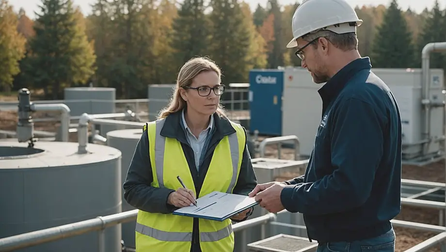 A customer discusses wastewater management solutions with a professional on-site, examining equipment and reviewing plans together.