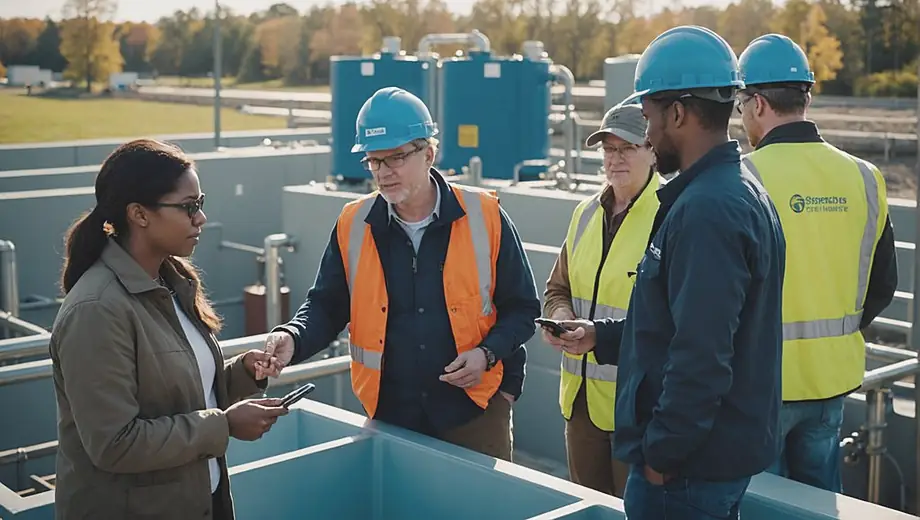 A diverse group of individuals collaborates at a water treatment facility, monitoring equipment and discussing processes to ensure clean water supply.