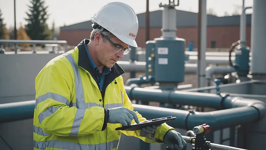 A technician in safety gear inspects wastewater service equipment at a treatment facility, ensuring proper operation and maintenance.