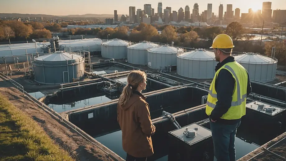 A customer discusses sewage treatment options with a professional on site, surrounded by equipment and treatment tanks, highlighting the importance of effective waste management solutions.