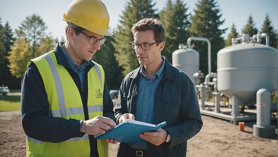 A customer discusses water treatment solutions with a professional on site, examining equipment and reviewing plans for an effective system installation.