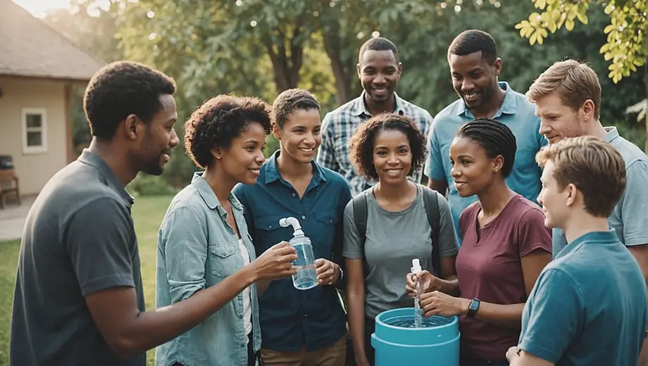 A diverse group of people gathered around a water filtration system, demonstrating its use and discussing the importance of clean drinking water.