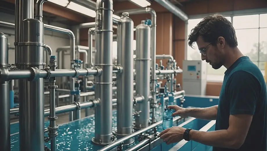 A person stands at a water purification facility, inspecting equipment and monitoring the filtration process to ensure clean water production.