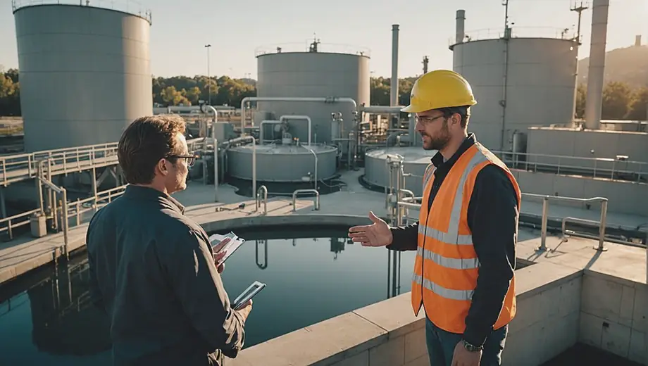 A customer and a professional discuss operations at a water treatment plant, surrounded by large tanks and equipment, highlighting the importance of water quality management.