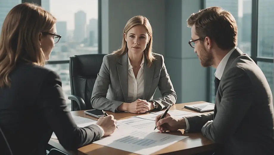 A customer and a professional engage in a discussion about Wealth Management at a modern office, with financial charts and documents visible on the table.