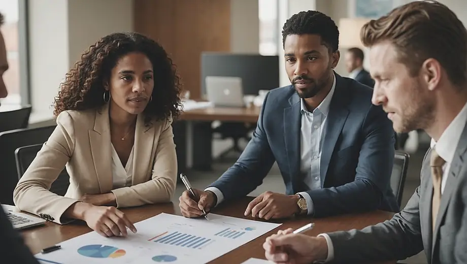 A diverse group of professionals discussing wealth management services around a conference table, with charts and financial documents spread out in front of them.