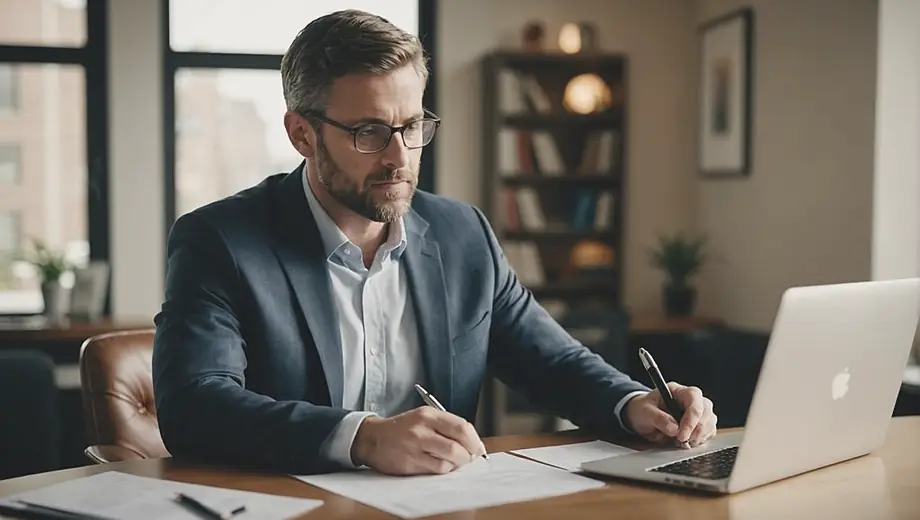 A financial planner sits at a desk, reviewing documents and using a laptop to create a financial plan for a client.