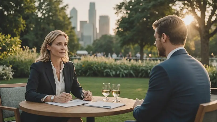 A professional advisor discusses private wealth strategies with a client at an outdoor meeting space, surrounded by greenery and a serene atmosphere.