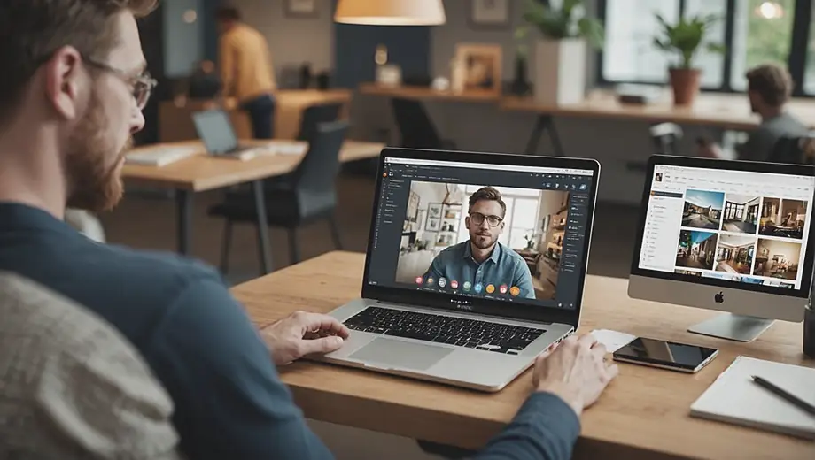 A customer discusses their vision for a new website with a professional web designer on site, surrounded by sketches and a laptop displaying design concepts.