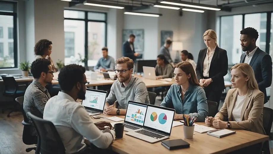 A diverse team of professionals collaborating in a modern office, brainstorming ideas for a web design agency project, surrounded by laptops, sketches, and digital displays.