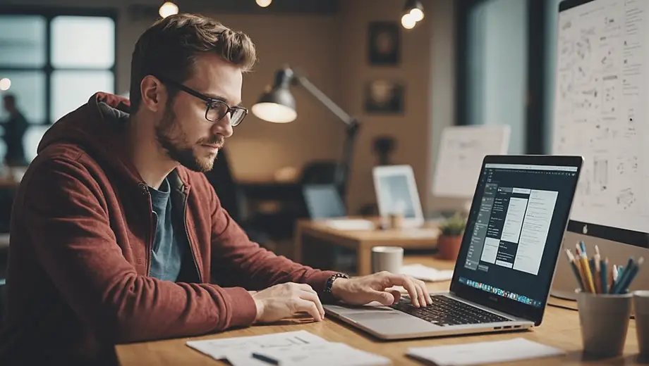 A website developer focused on their laptop, surrounded by design sketches and coding notes, immersed in creating a new web project.