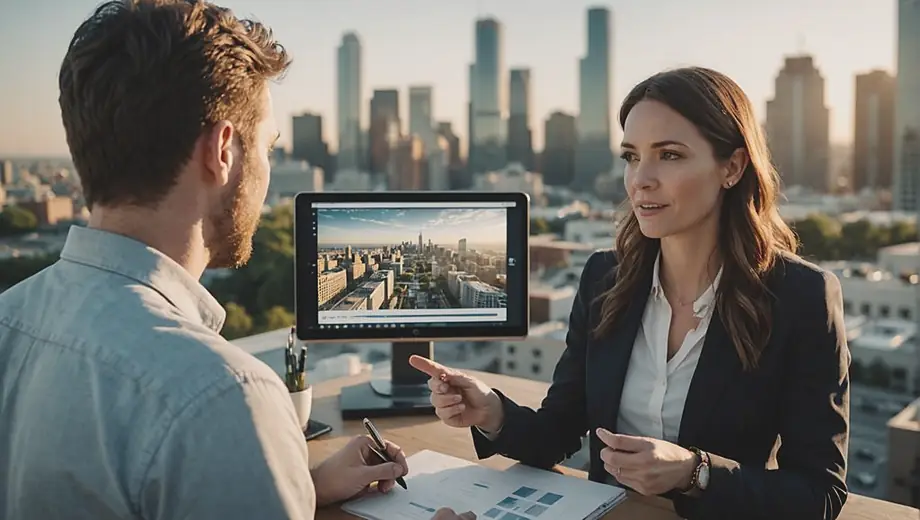 A customer discusses project details with a professional on site, showcasing a collaborative atmosphere while planning a web development service.