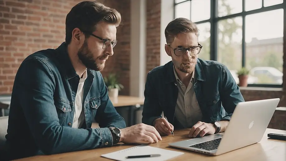 A customer and a professional collaborate on-site, discussing web development strategies while reviewing design mockups on a laptop.