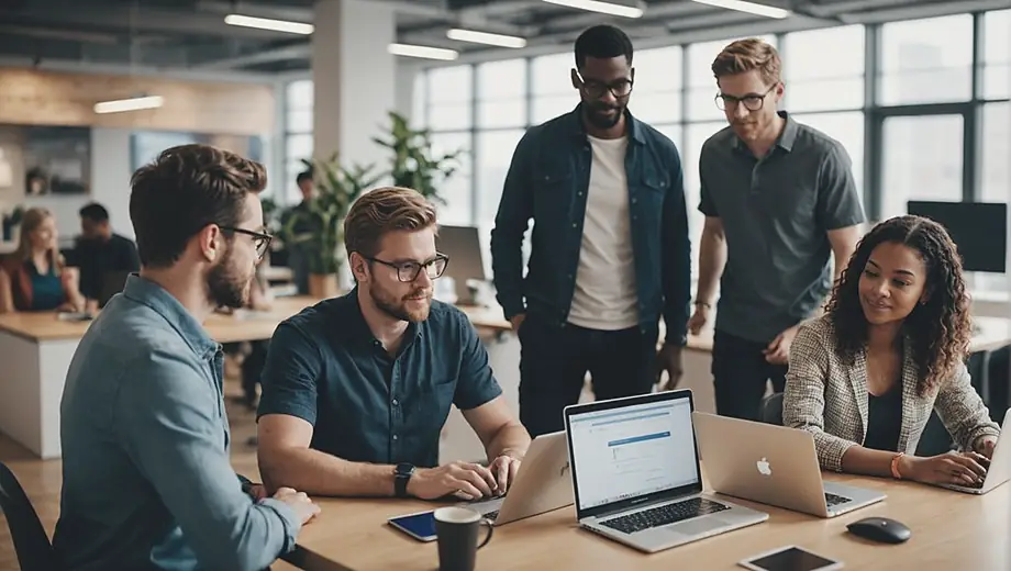 A diverse team of professionals collaborates in a bright office space, discussing projects and coding on laptops, representing a dynamic web development company.