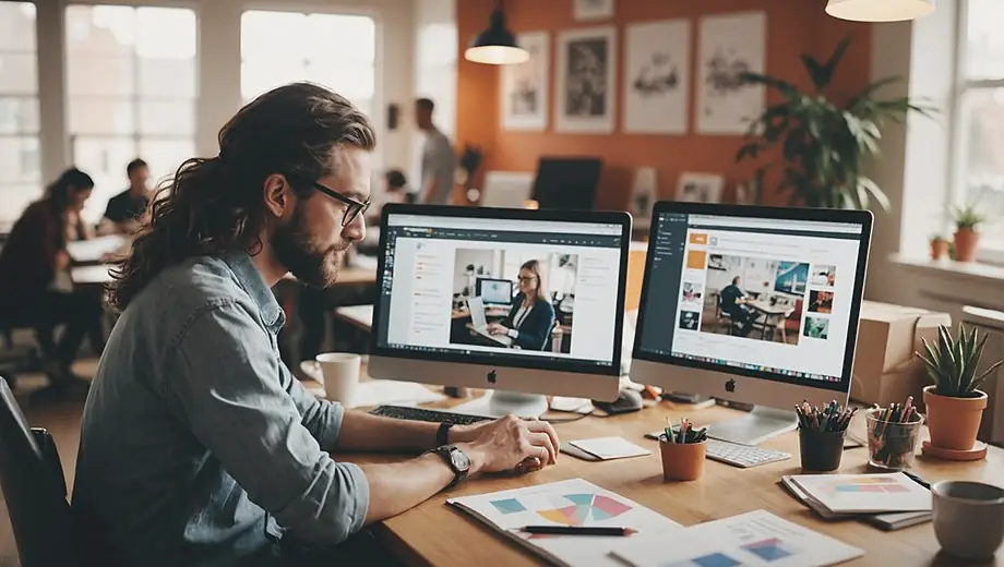 A web design agency professional focused on their laptop, surrounded by design sketches and a vibrant workspace.