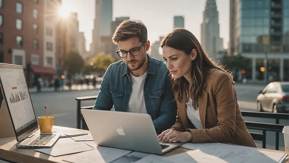 A customer discusses project details with a professional on site, reviewing website development plans on a laptop while surrounded by design sketches and notes.