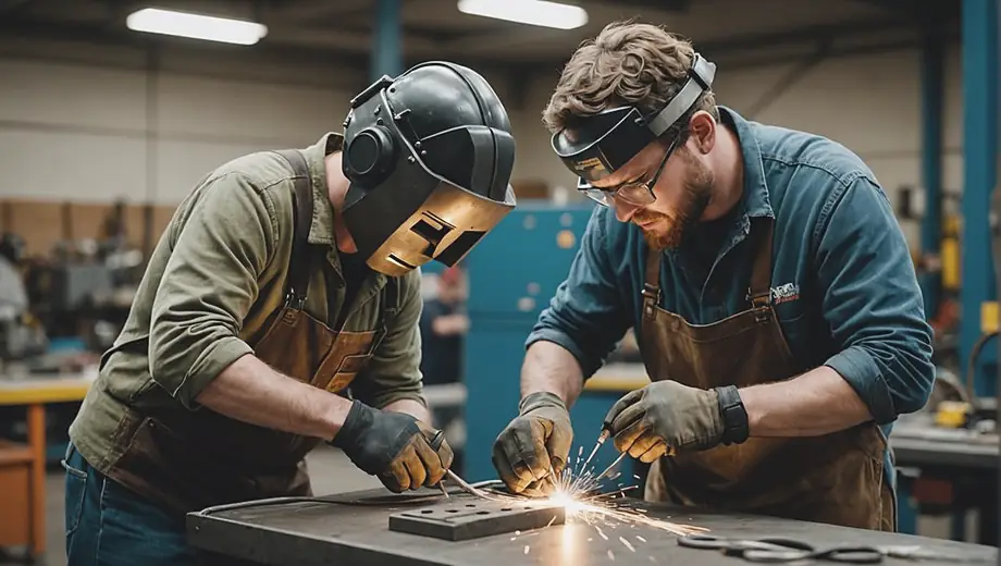 A customer and a professional instructor engage in hands-on training at a Welding School, surrounded by welding equipment and safety gear.
