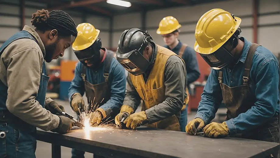 A diverse group of students practicing their skills at a welding academy, focused on their projects while wearing safety gear and using welding equipment.