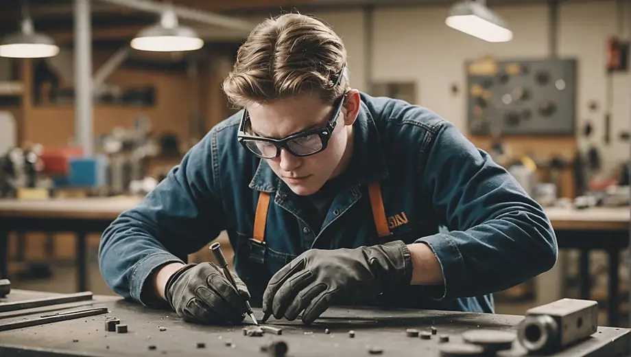 A student focused on a metalworking school project, wearing safety goggles and gloves, as they work on a metal piece at a workbench filled with tools and materials.