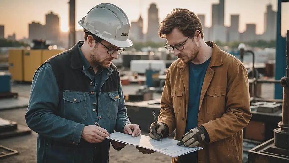 A customer discusses project details with a professional on site, both reviewing welding certification documents while surrounded by welding equipment and materials.