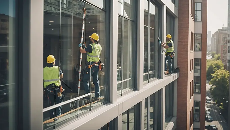 A team of professionals providing a window cleaning service, carefully washing large glass windows on a modern building while using ladders and safety equipment.