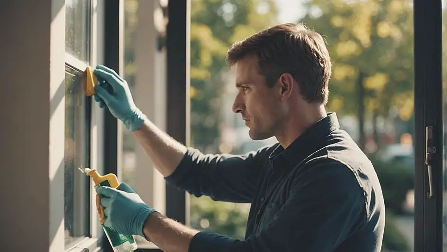 A person in a uniform carefully cleans large glass windows with a squeegee, ensuring a streak-free shine while standing on a ladder.