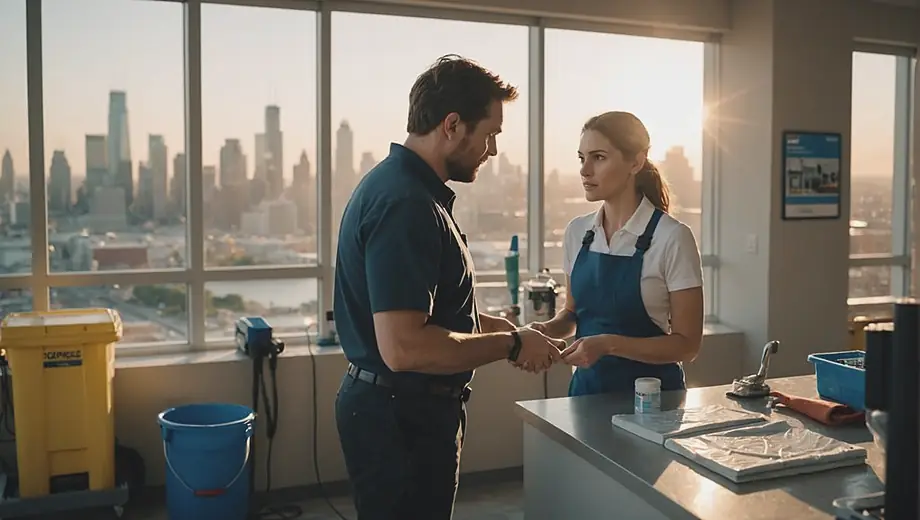 A customer discusses cleaning needs with a professional on site, surrounded by cleaning equipment and supplies, highlighting the importance of commercial cleaning services.