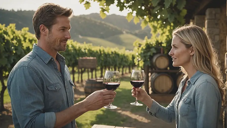 A customer and a professional discuss wine selections at a picturesque winery, surrounded by lush vineyards and rustic barrels.