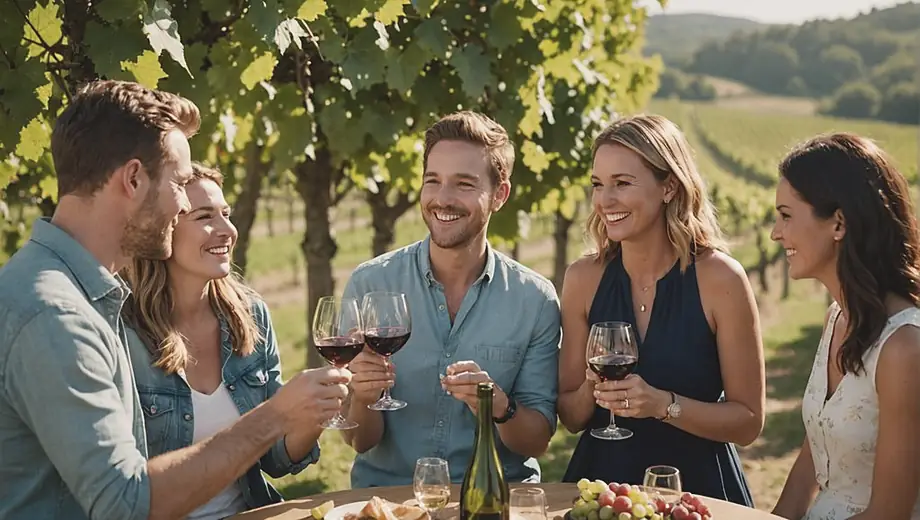 A group of friends enjoying a sunny afternoon at a winery, tasting various wines and sharing laughter amidst lush vineyards.