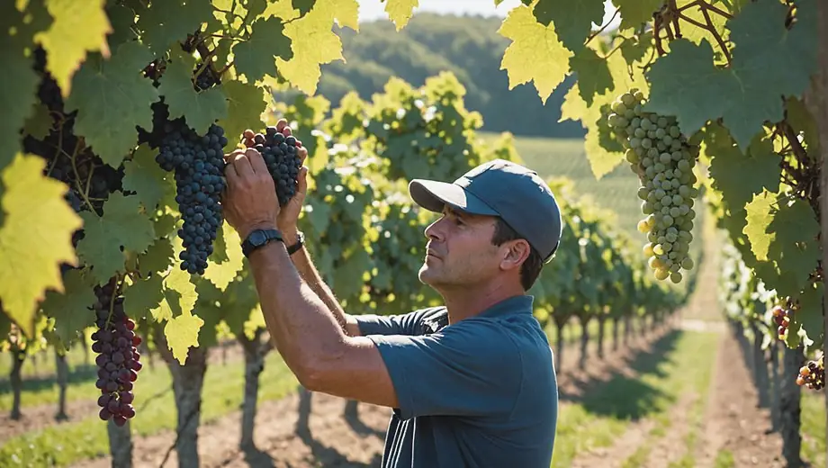 A vineyard worker carefully inspects grape clusters during the wine production process, surrounded by lush green vines under a clear blue sky.